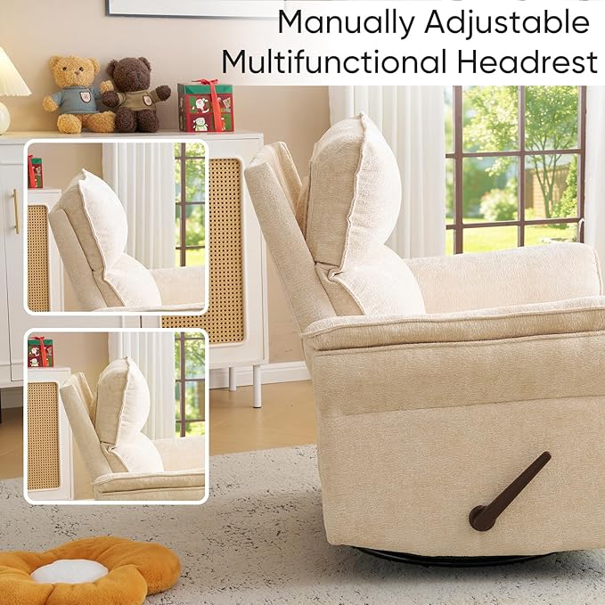 Rocking Chair Nursery with Adjustable Headrest, Manual Swivel Rocker Recliner