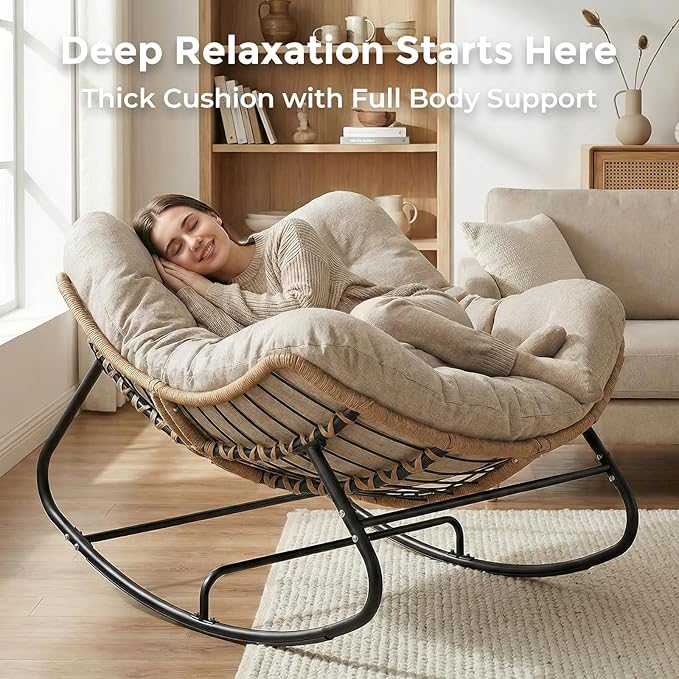 SWITTE Outdoor Papasan Rocking Chair, Oversized Patio Egg Chair