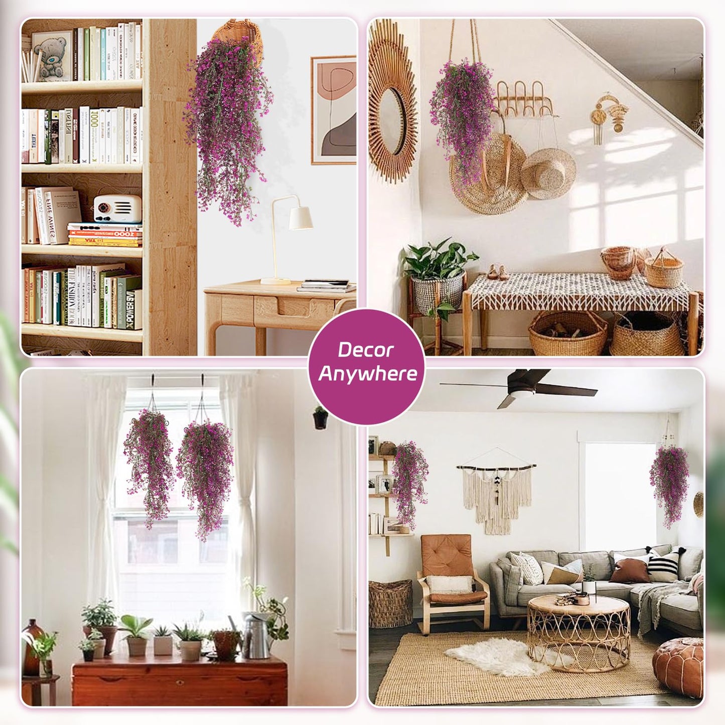 RECUTMS Artificial Hanging Leaves Plants 6Pcs Indoor Fake Flower Swags Faux Vines Ivy Leaves Plastic Greenery Resistant Plastic for Wall Wedding Party Porch Garden Decoration(Fuchsia)