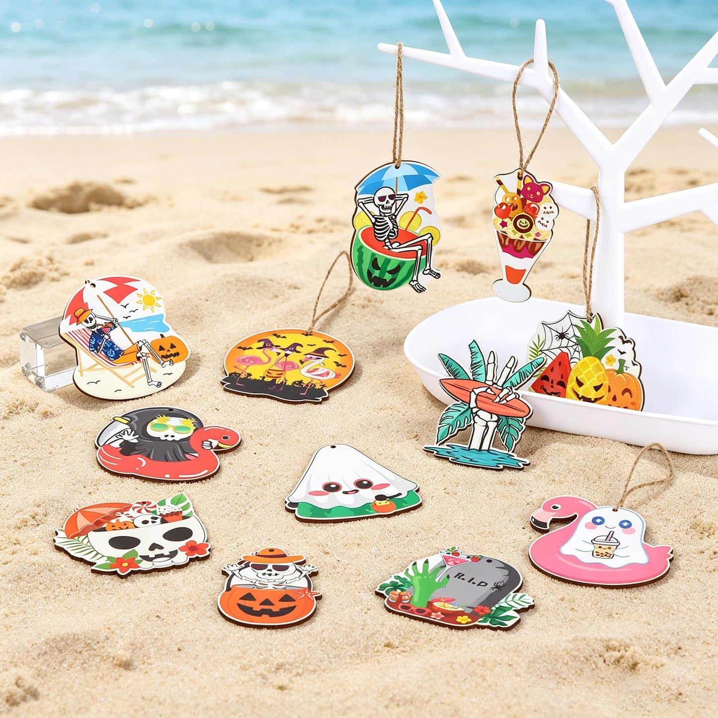 36 Pcs Summer Halloween Ornaments Hawaii Themed Hallows' Eve Ghost Wooden Hanging Ornament for Hawaiian Halloween Party Decor