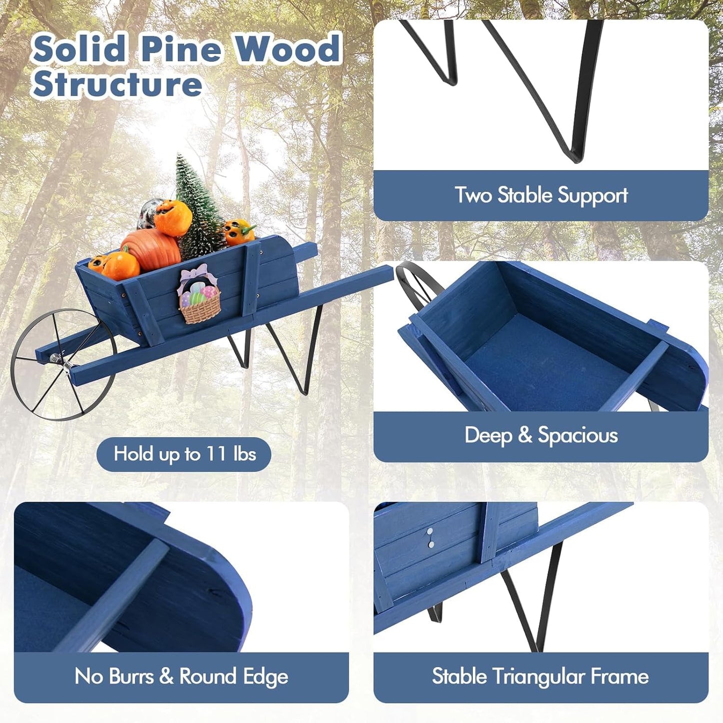 HAPPYGRILL Wooden Wagon Planter, Small Flower Planter Box w/Triangular Metal Support, 2 Energy-Saving Handles, Movable Wheel, Wood Wheelbarrow Cart Pot for Garden Backyard Holiday (Blue)