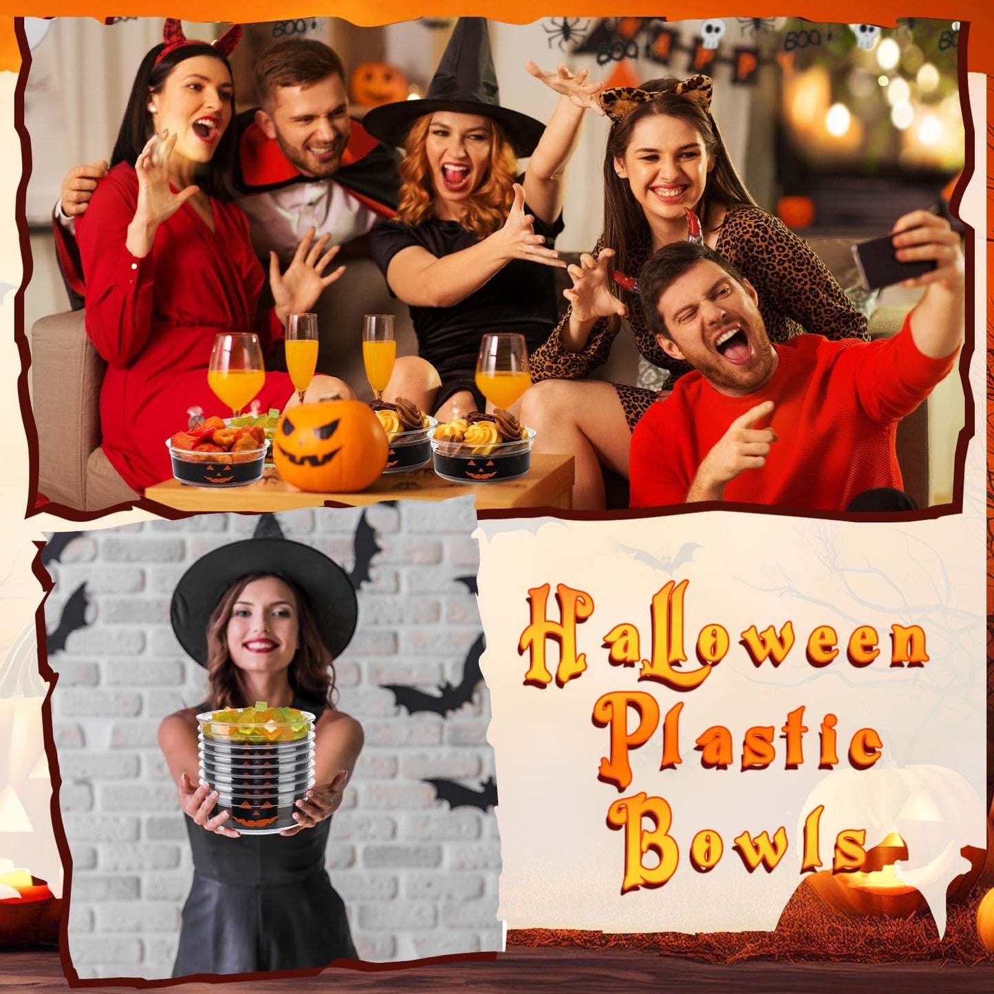 Mimorou 50 Pcs Halloween Candy Bowl Clear Plastic Serving Bowls 12 oz Pumpkin Tableware Decorations Salsa Containers for Halloween Party Favors Supplies