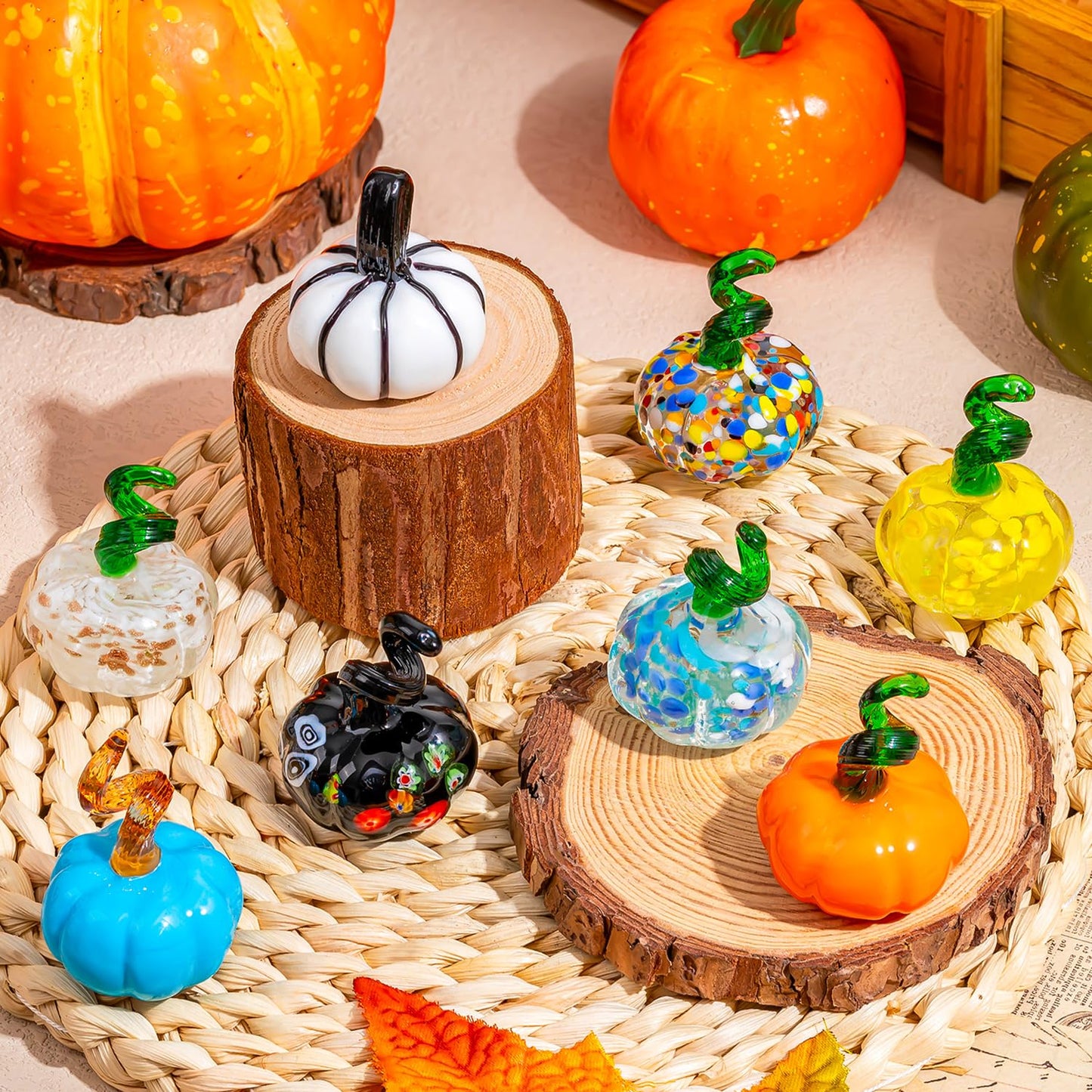 ALDMIO 8 Pcs Blown Glass Mini Pumpkin Decor, Mini Halloween & Thanksgiving Figurines, Glass Pumpkin Decorations for Fall & Harvest