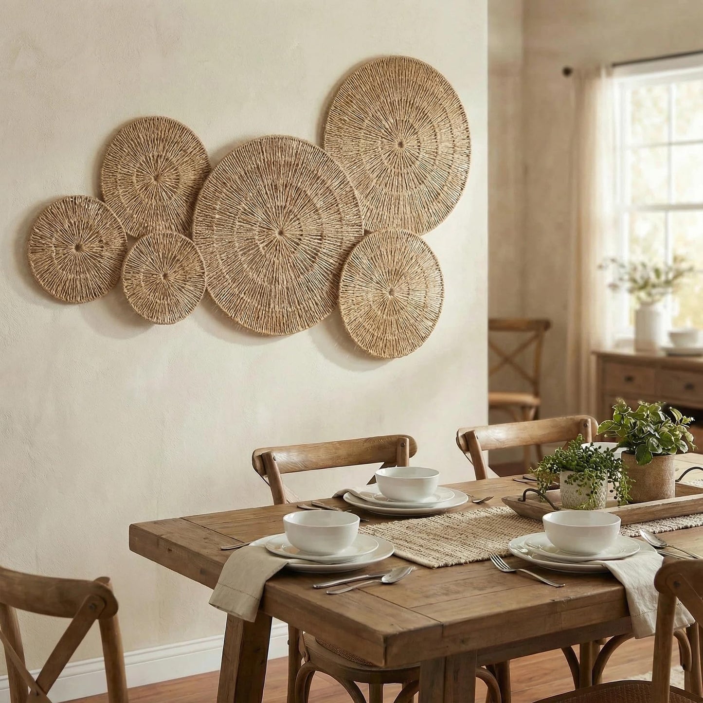 Acidea Jute Wall Decor Baskets, Set of 6 Extra Large Woven Rattan Wall Plates, Boho Decorative Wicker Hanging Baskets for Wall Arts, 22", 21", 15", 13", 11", 10", for Bedroom, Living Room, Entryway
