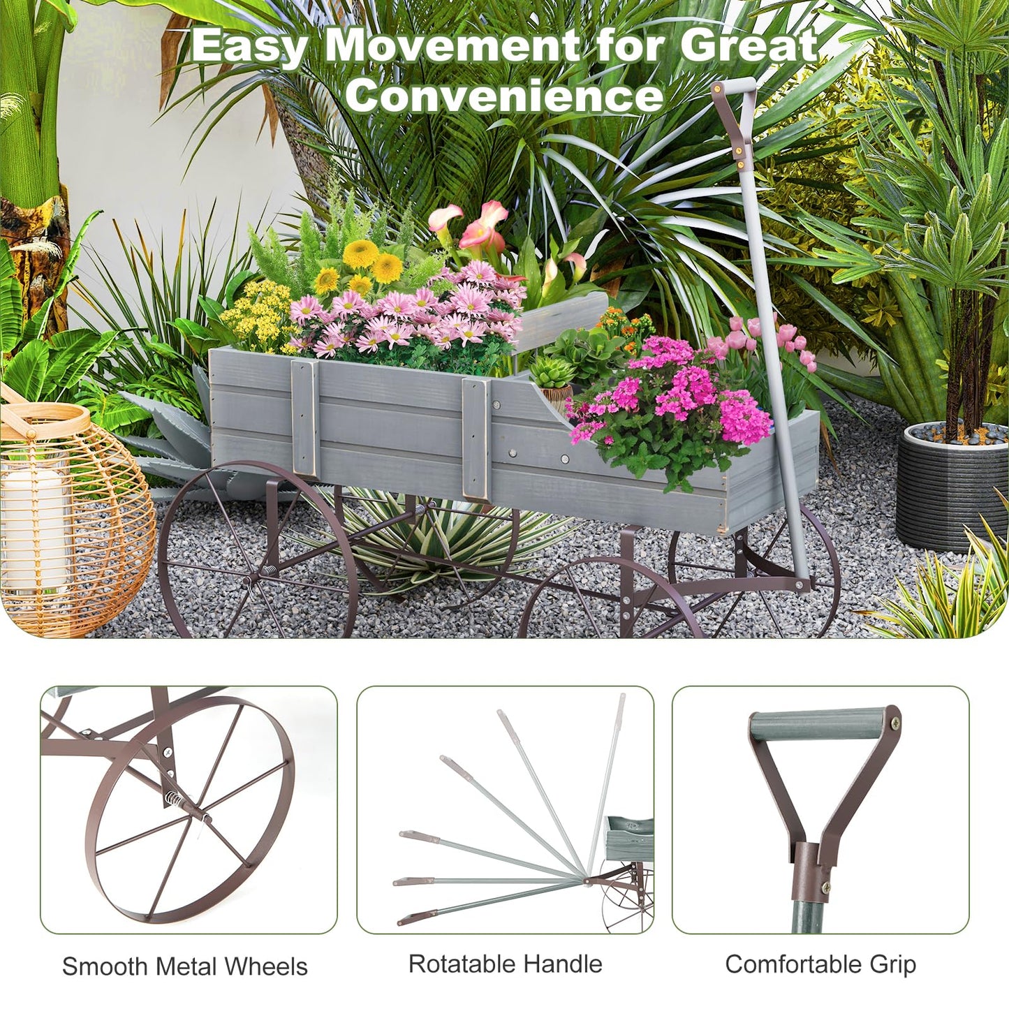 FIREFLOWERY Wooden Wagon Planter, Decorative Flower Pots w/ 2 Planting Sections, Wheels & Handle, Rustic Farmhouse Garden Planter Box for Patio, Yard, Porch (Grey)
