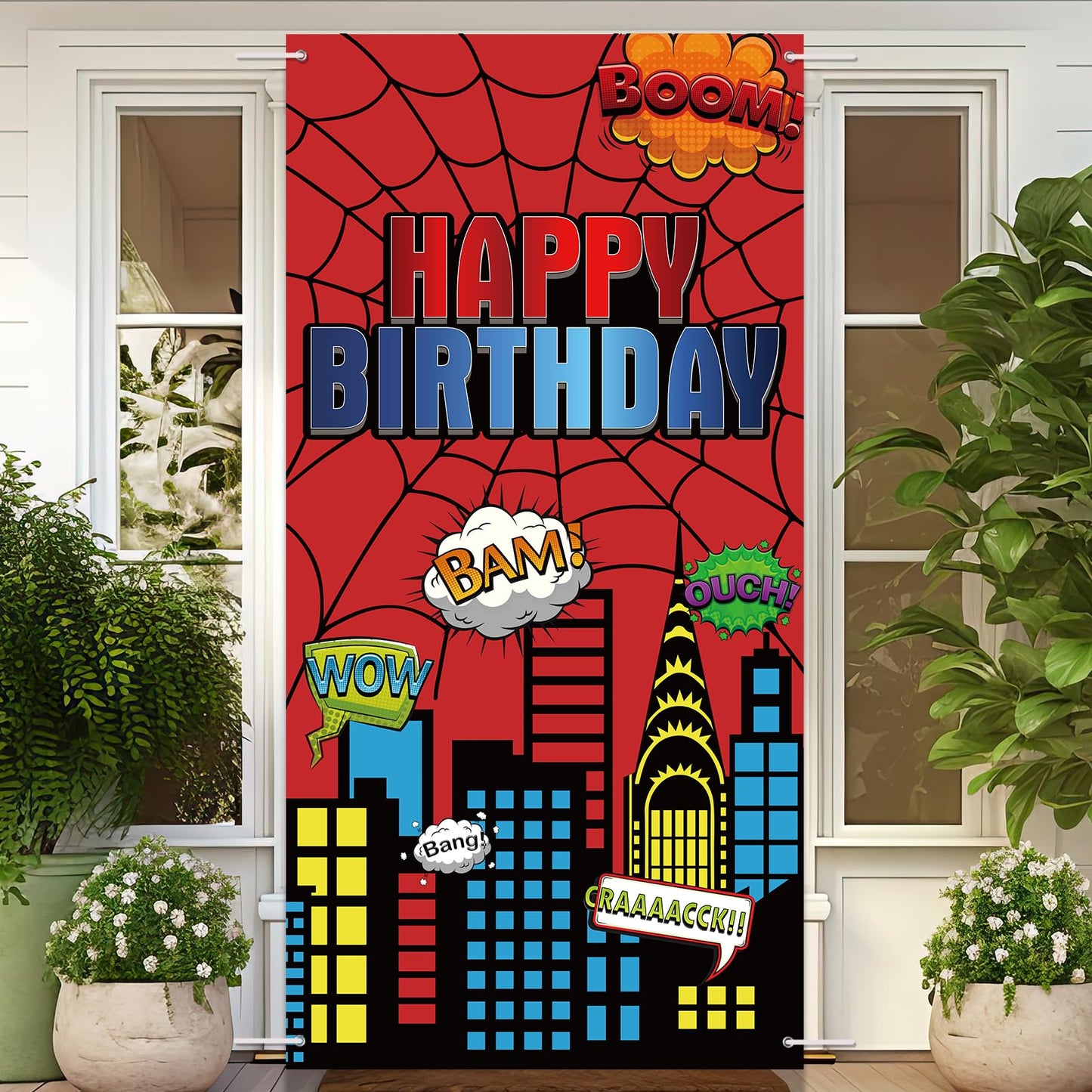 Red Spider Web Door Banner, 6x3ft Superhero Party Decoration Door Cover for Boys Birthday, Kids Party Supplies, Photography Photo Background