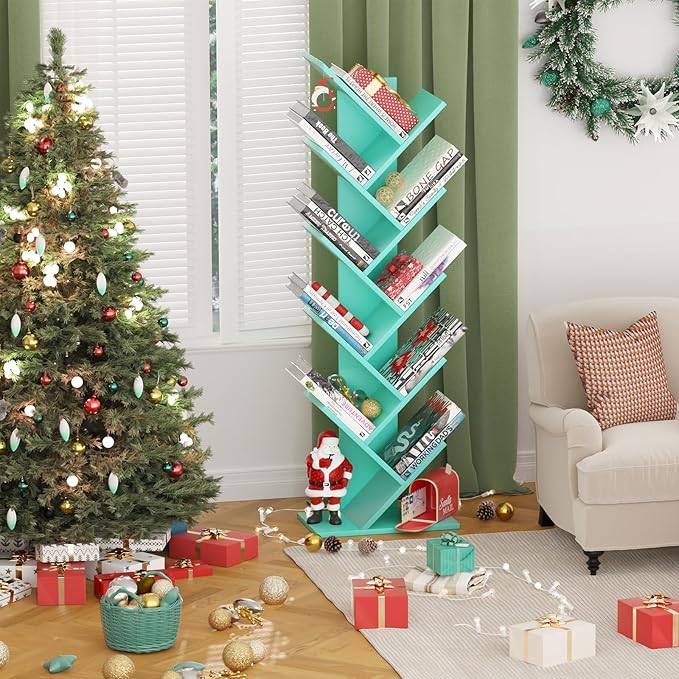 SHEEPAM 10 Tier Tree Book Shelf, Floor Standing Wood Bookshelf