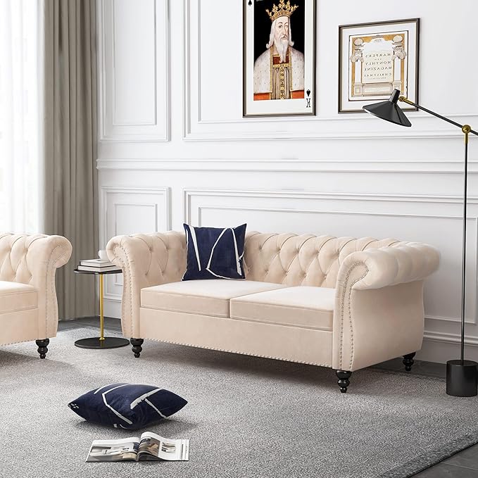 ORRD 2 Piece Living Room Set, Velvet Chesterfield Sofa Loveseat Couch