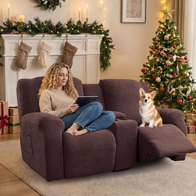 Recliner Loveseat Covers with Console, 6-Piece Stretch Geometric Strokes