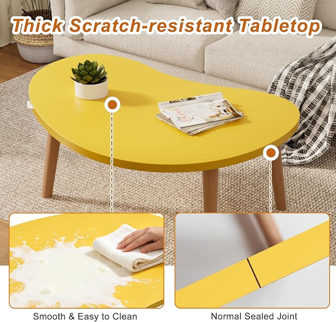Coffee Table Low Table with Solid Wood Legs, 31.5x19.7" Large Coffee Table Side Table, Floor Table Desk for Sitting on The Floor, Living Room Furniture for Office Apartment Home, Mango Yellow