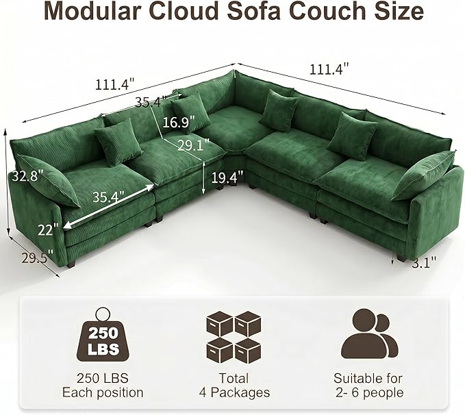 111.4" V-Shaped Corner Couch Sectional｜5 Seat Customizable Modular Cloud