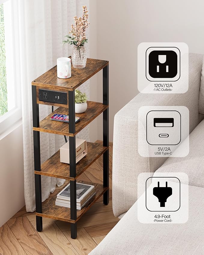 TUTOTAK Narrow Side Table with Charging Station, Small End Table with USB Ports