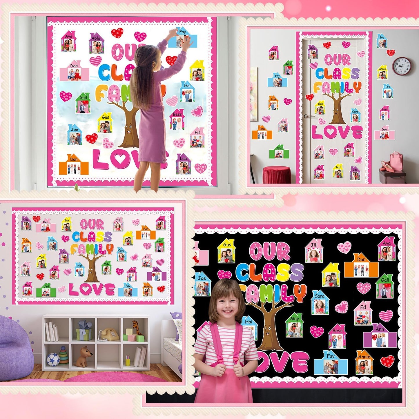 Back to School Bulletin Board Set Our Class is a Family Classroom Decoration with 3D Photo Frame House Pink Paper Cutouts Family Tree Bulletin Board for Home Office School Classroom Wall Decor