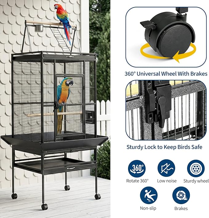 69" H Extra Large Bird Cage with Play Top & Rolling Stand, Wide Metal Parrot Cage for Macaws, Parakeets, Cockatoos, Conures, Lovebirds, Includes Bowls