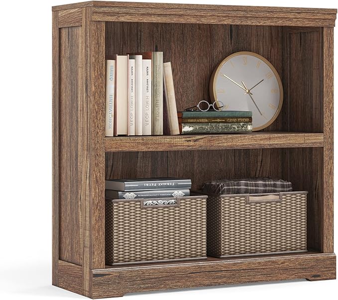 LINSY HOME 2-Tier Bookcase and Bookshelf, Small Wood Display Storage Shelves