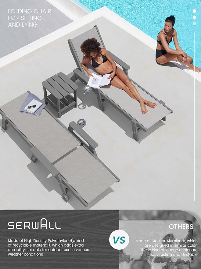 SERWALL Textilene Patio Chaise Lounge Chair, 5 Positions Adjustable Outdoor