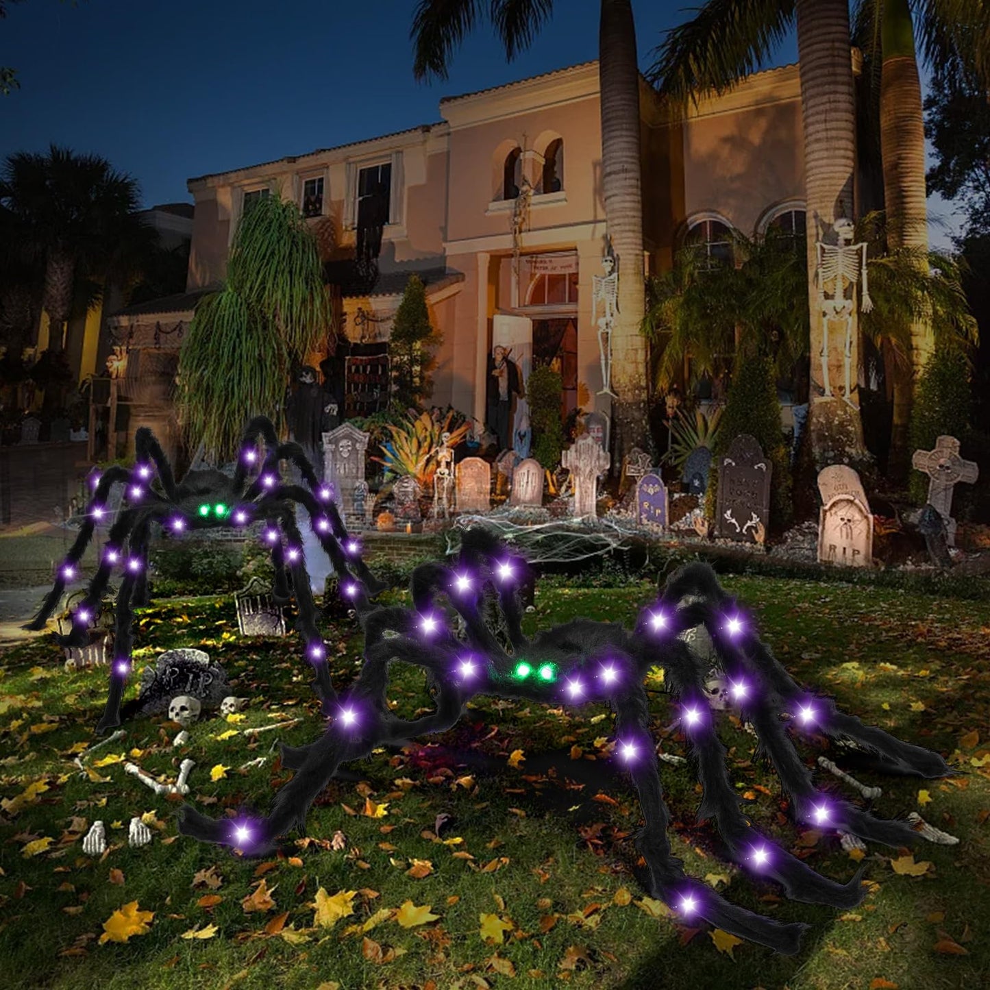 VOMAOK Halloween Spider Decorations 4ft Light Up Giant Spider(2 Pack) with Green Lighted Eyes for Indoor Outdoor Halloween Decorations Yard Party House Décor