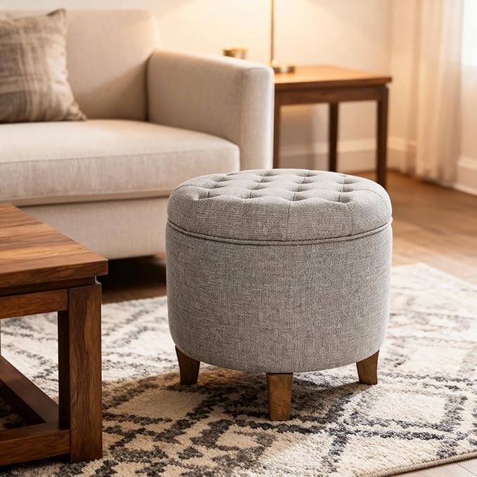 Homepop Home Decor | Upholstered Round Tufted Foot Rest Ottoman | Ottoman