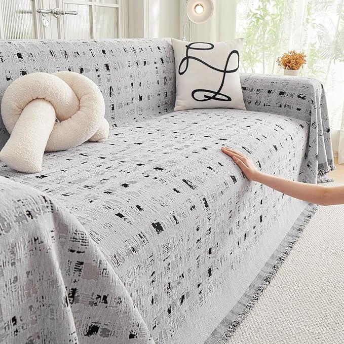 DREAMINGO Abstract Chenille Couch Cover Blanket Grey Black Boho Sofa Cover