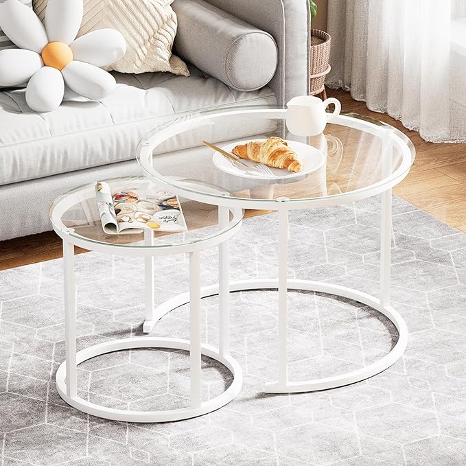 aboxoo White Nesting Glass Table Set of 2, Small Glass Round Nesting Tables