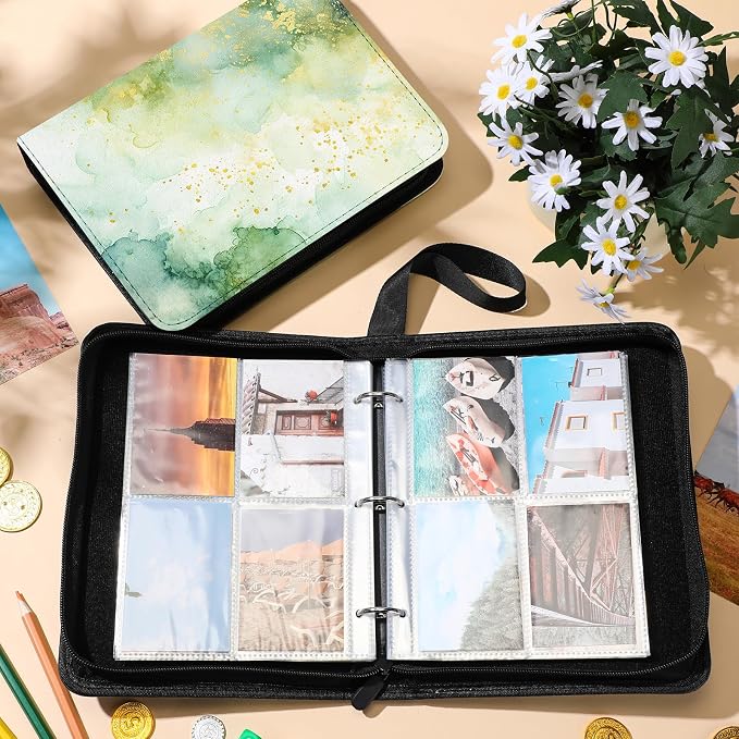 Card Binder 4/9 Pocket PU Waterproof Trading Binder Compatible with Mtg/ygo/tcg for 400/900 Portable Album Holder with Zipper Wristband Card Organizer(Green Marble,9.8 x 7.7 x 2 Inch)