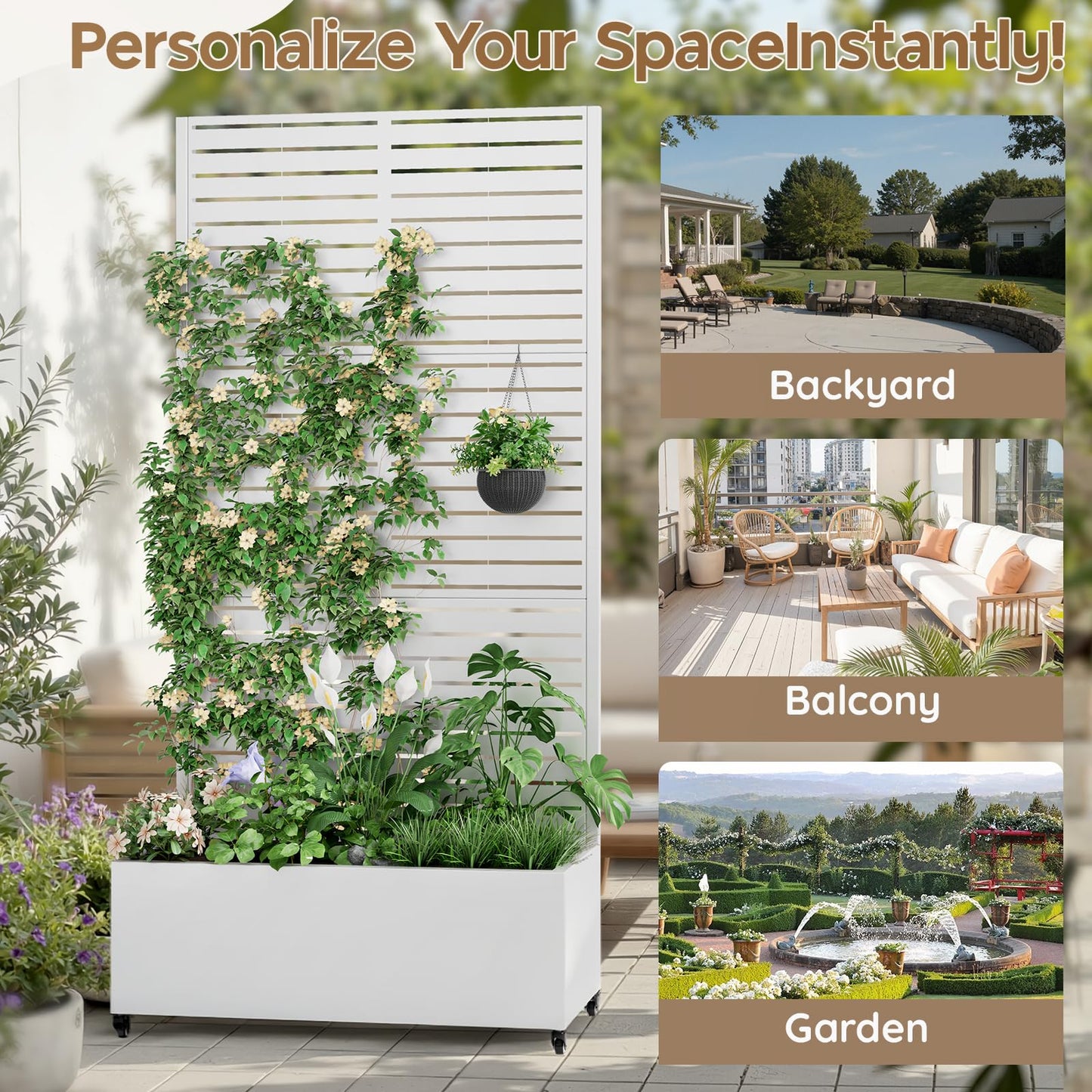 Metal Planter Box with Trellis,72"x35"x15",Privacy planters for Patio,Raised Garden Bed Trellis Outdoor Planter with Wheels and Drainage Holes,for Climbing Vegetables,Flowers,Vines,White