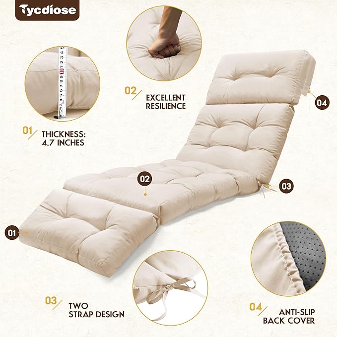 Outdoor Chaise Lounge Chair Cushion Waterproof 74.4 x 22 x 4.7 Inches Memory