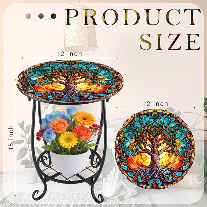 Cinnvoice Outdoor Side Table Round Small Mosaic Patio Accent Indoor End Plant