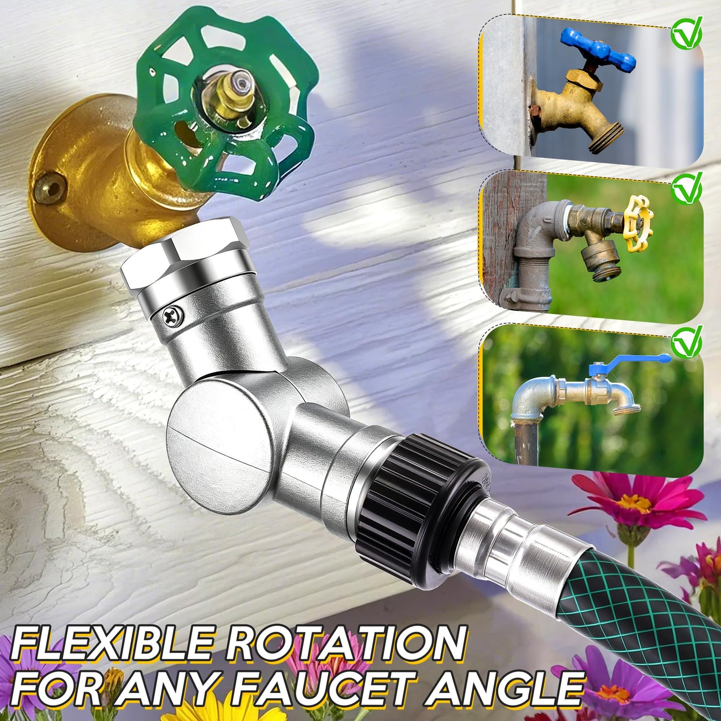 Enhon 180° & 360° Garden Hose Swivel Connector, Garden Hose Connect and Spigot Extender for Outdoor Faucet, Fits Standard 3/4" Water Pipes(Metal,Silver,2 Pack)