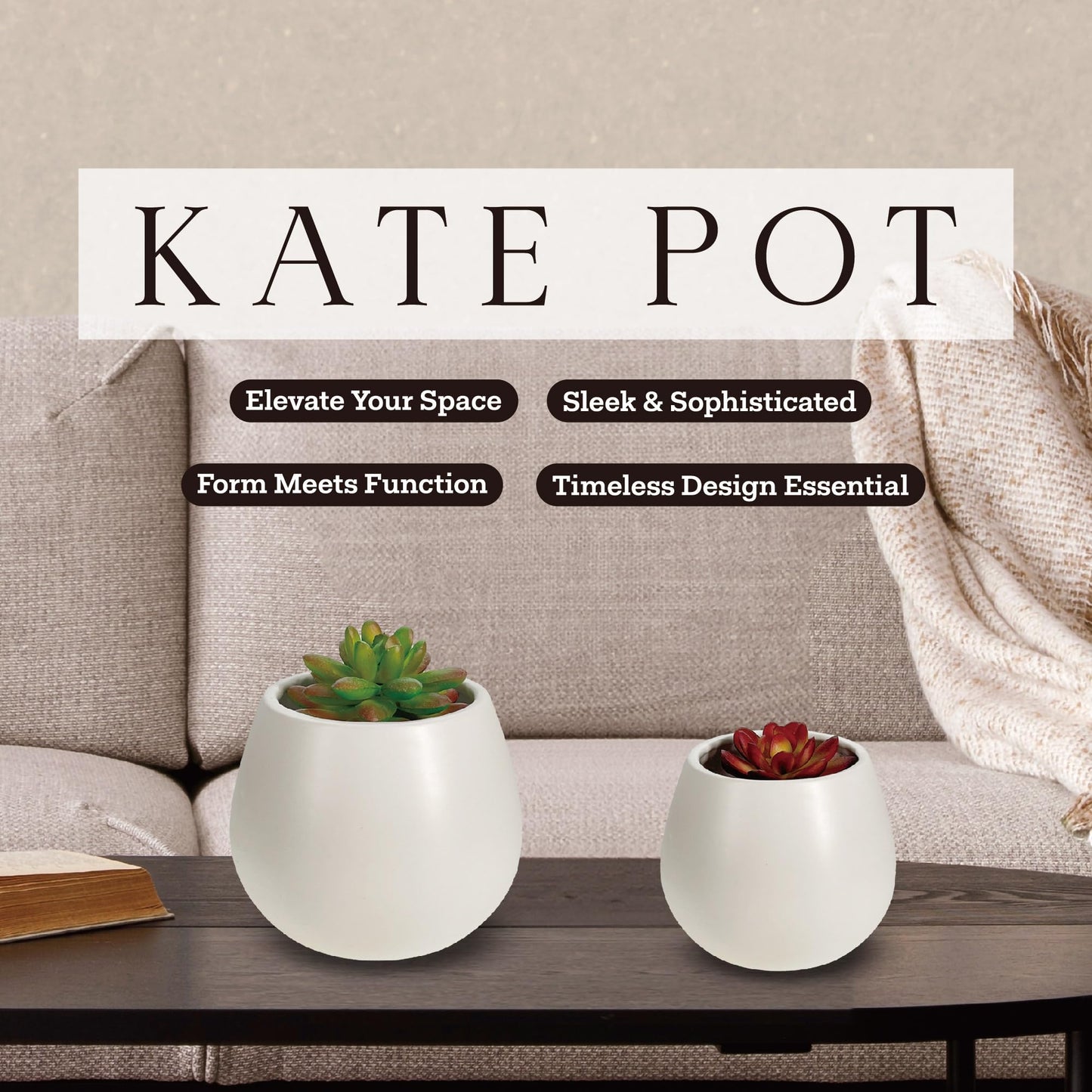 Kate Sleek Matte White Plant Pot Indoor, 5 Inch Pot for Plants, Lightweight, Minimal Style, Tabletop Decorative Garden Pot at Living Room, Work Desk, Ceramic Cachepot for Indoor Plants, Faux Flower