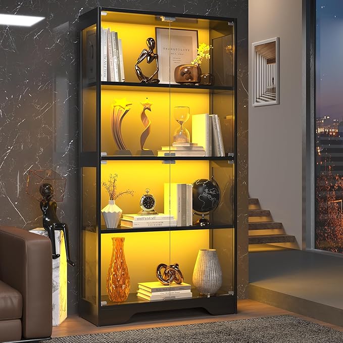 knoworld Display Cabinet with Glass Doors, 4-Tier Glass Display Case with 15mm
