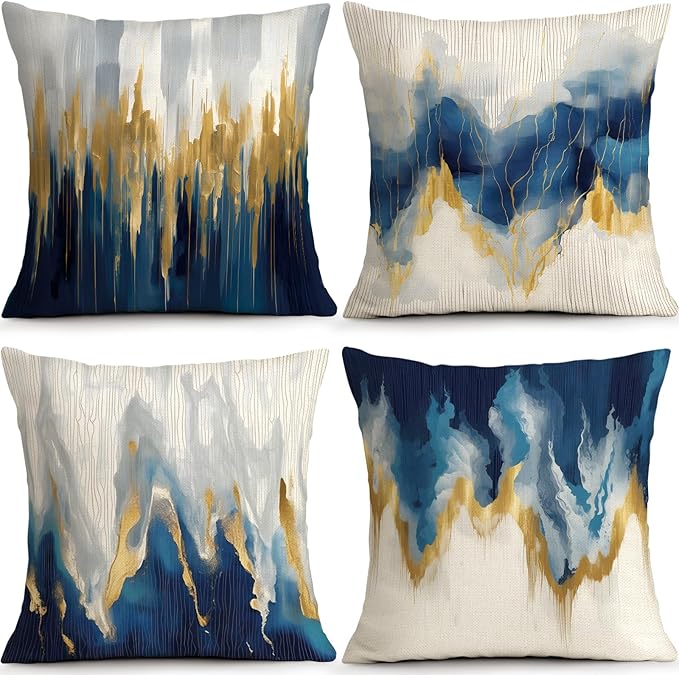 OBSEDE Blue and Gold Abstract Art Decorative Throw Pillow Covers 18 × 18 in
