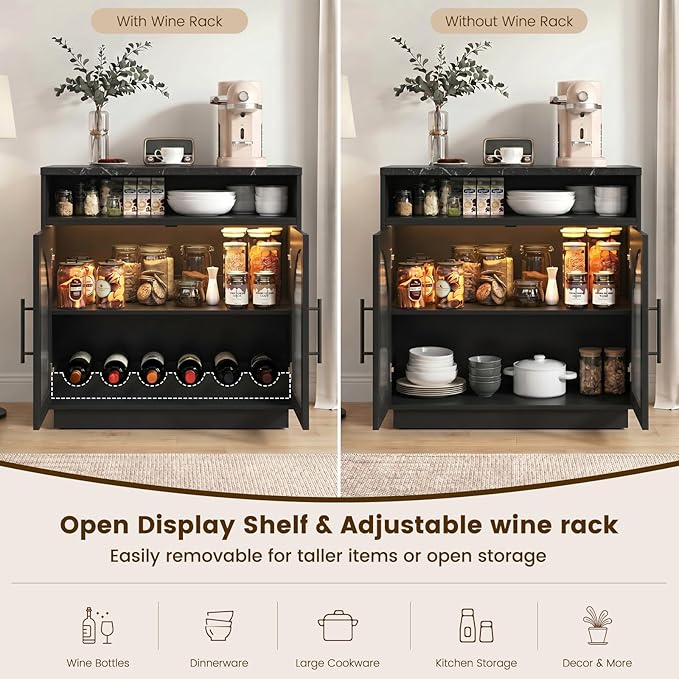 Sideboard Buffet Cabinet with Storage, Wine Bar Cabinet with Arched Glass Doors