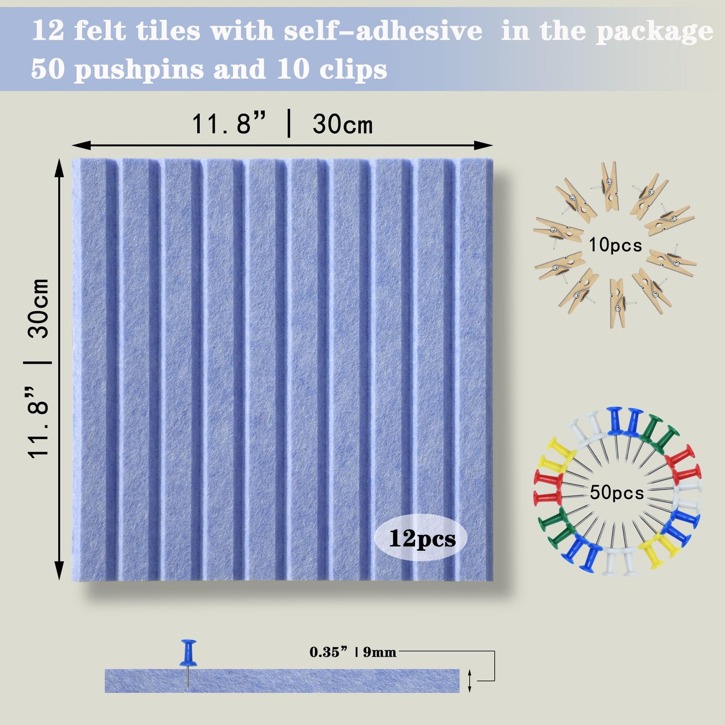 YOUDEFUL Large Cork Board Alternative-12 Pcs Self-Adhesive Felt Bulletin Board Tiles, Felt Pin Board Cork Board Tiles for Home Office Wall Decor, Tack Board 47"x35" (Light Blue