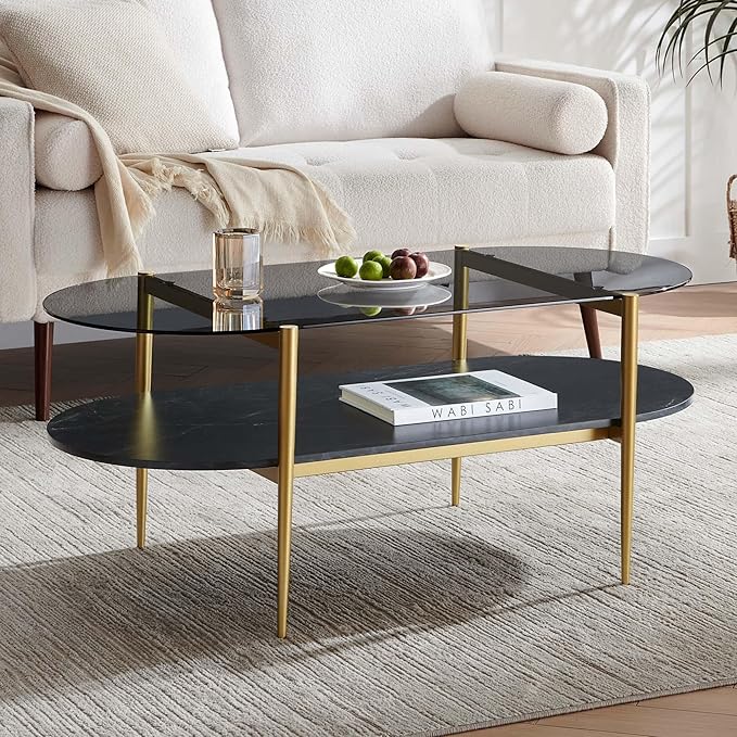 LumFurn Oval Glass Coffee Table, Mid-Century Modern Design, L41 x W21 x H17 inch