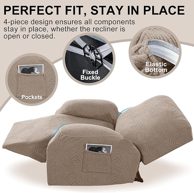 Recliner Chair Covers, 4-Piece Stretch Geometric Strokes Jacquard Reclining