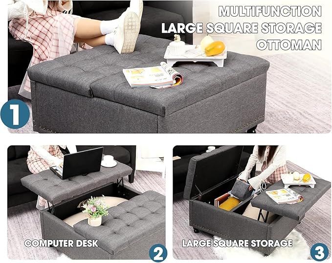 36" Large Square Ottoman with Storage, Tufted Upholstered Storage Ottoman with