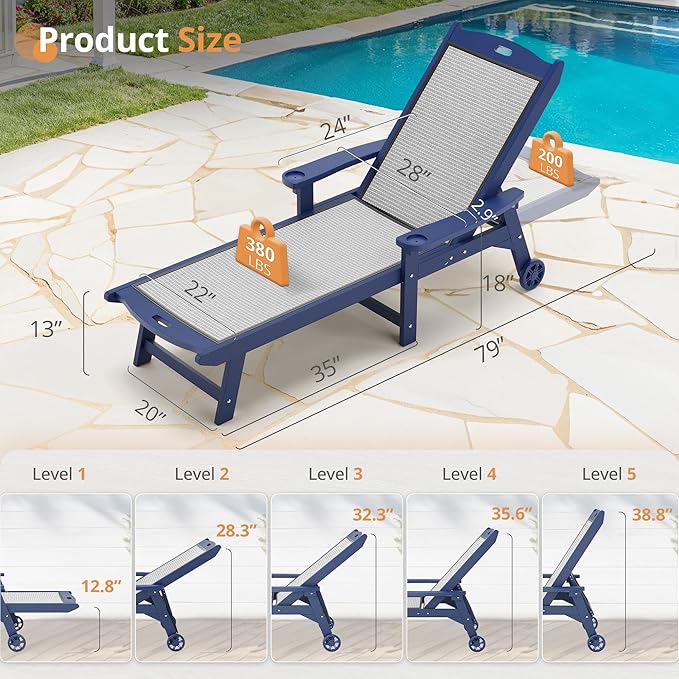 LUE BONA Chaise Lounge Chair Outdoor Set of 2, HDPS and HDPE Wicker Material