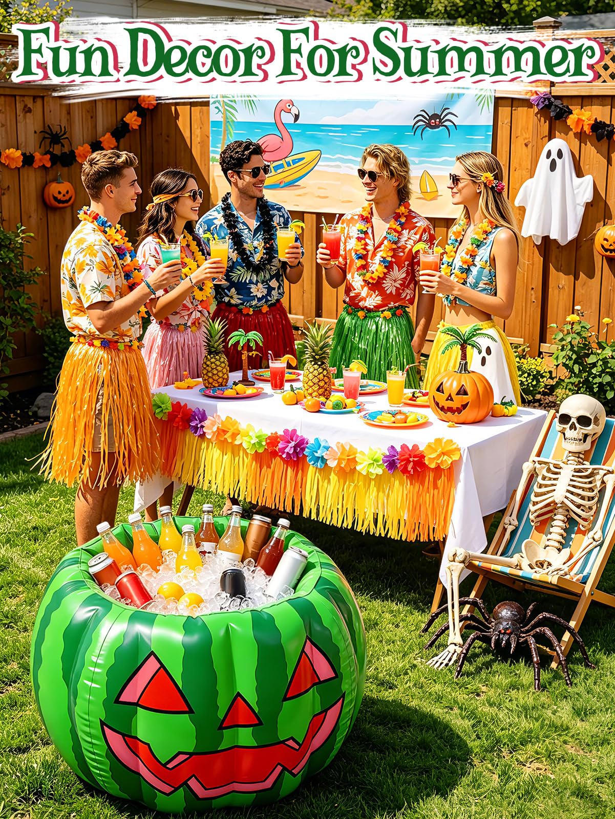 Cosweet Summer Halloween Inflatable Watermelon Cooler for Pool Party - 30" x 20" Large Spooky Blow Up Beverage Drink Cooler Ice Bucket with Drain Plug for Patio Yard Decor