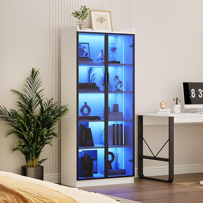 Dystler Display Cabinet with Doors and Adjustable Shelves, 5 Tier Display Case
