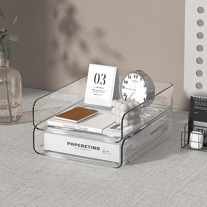 FANXIYQ 2-Tier Acrylic Paper Tray Organizer - Low-Profile Desk File Sorter for Office/Home, Clear Stackable Letter Tray for Bills, Crafts, Notebooks
