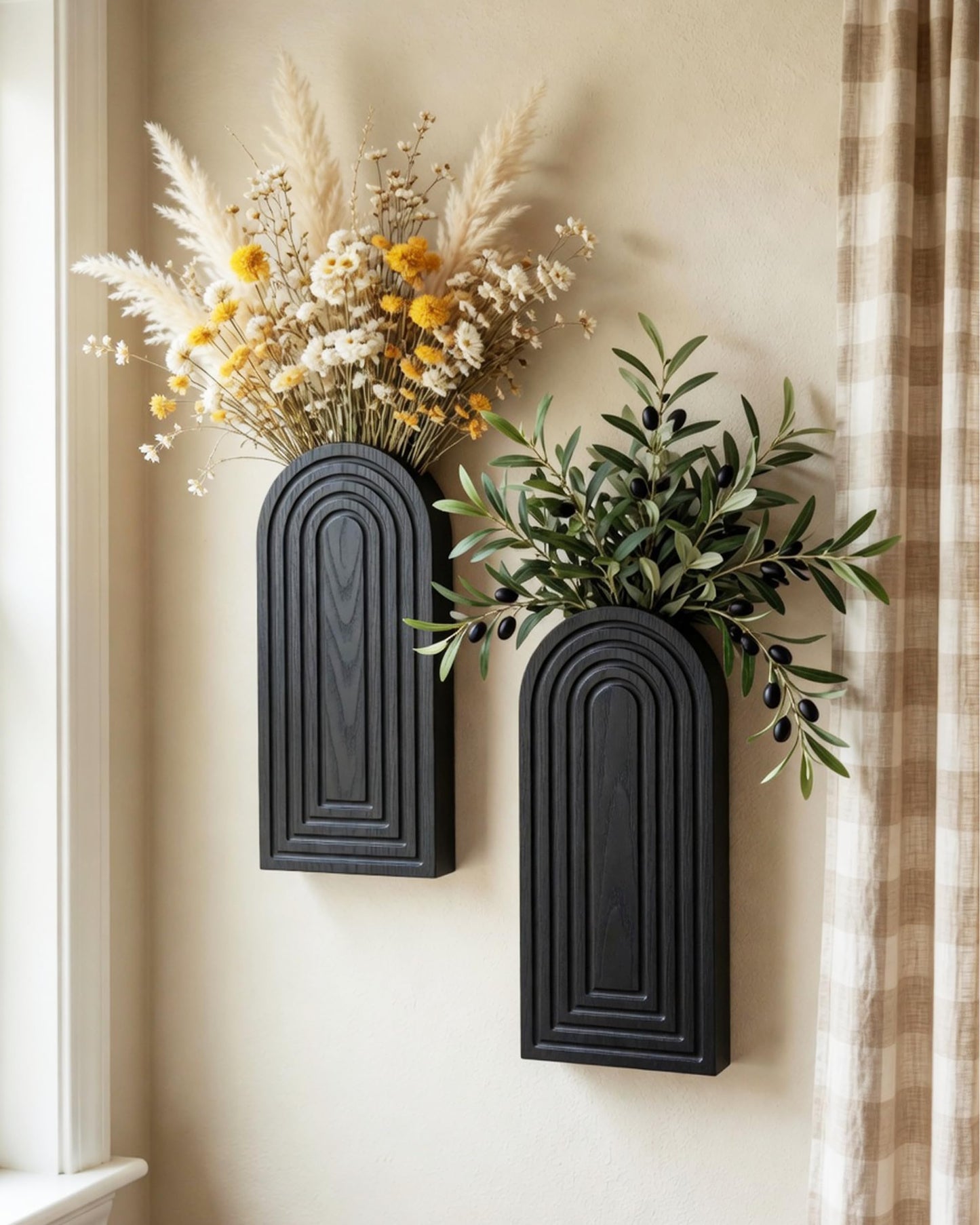 2 Pack Wooden Wall Vase Set - Boho & Modern Farmhouse Wall Decor, Hanging Planter for Indoor Plants & Flowers, Wood Mounted Art for Living Room, Bathroom, Hallway, Home Decor (Black, Large)
