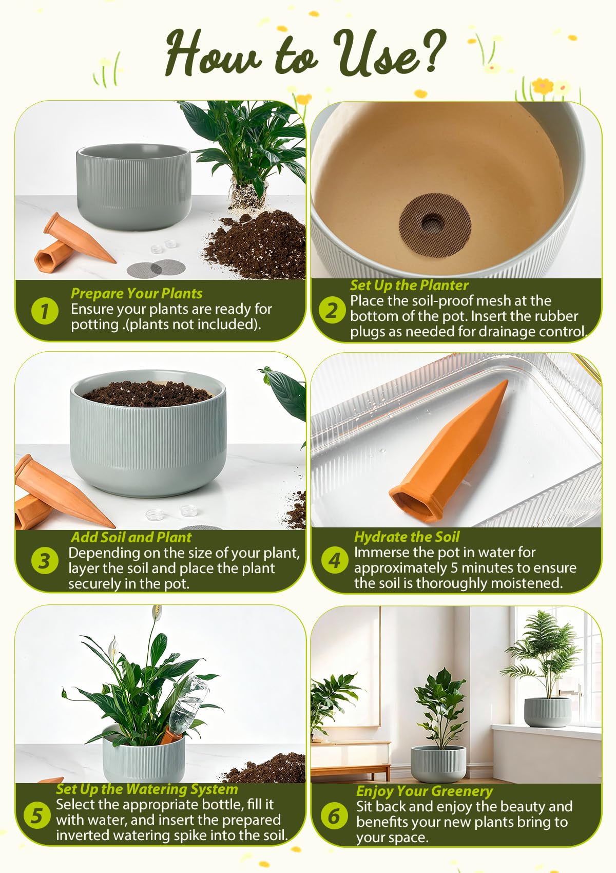 Jardin Tesoro Ceramic Planters - 10+12 Inch Large Pots for Indoor & Outdoor Plants, Modern Flower Pots with Drainage Holes and Self Watering Devices, House Grey-Blue Big Plant Pot, Set of 2