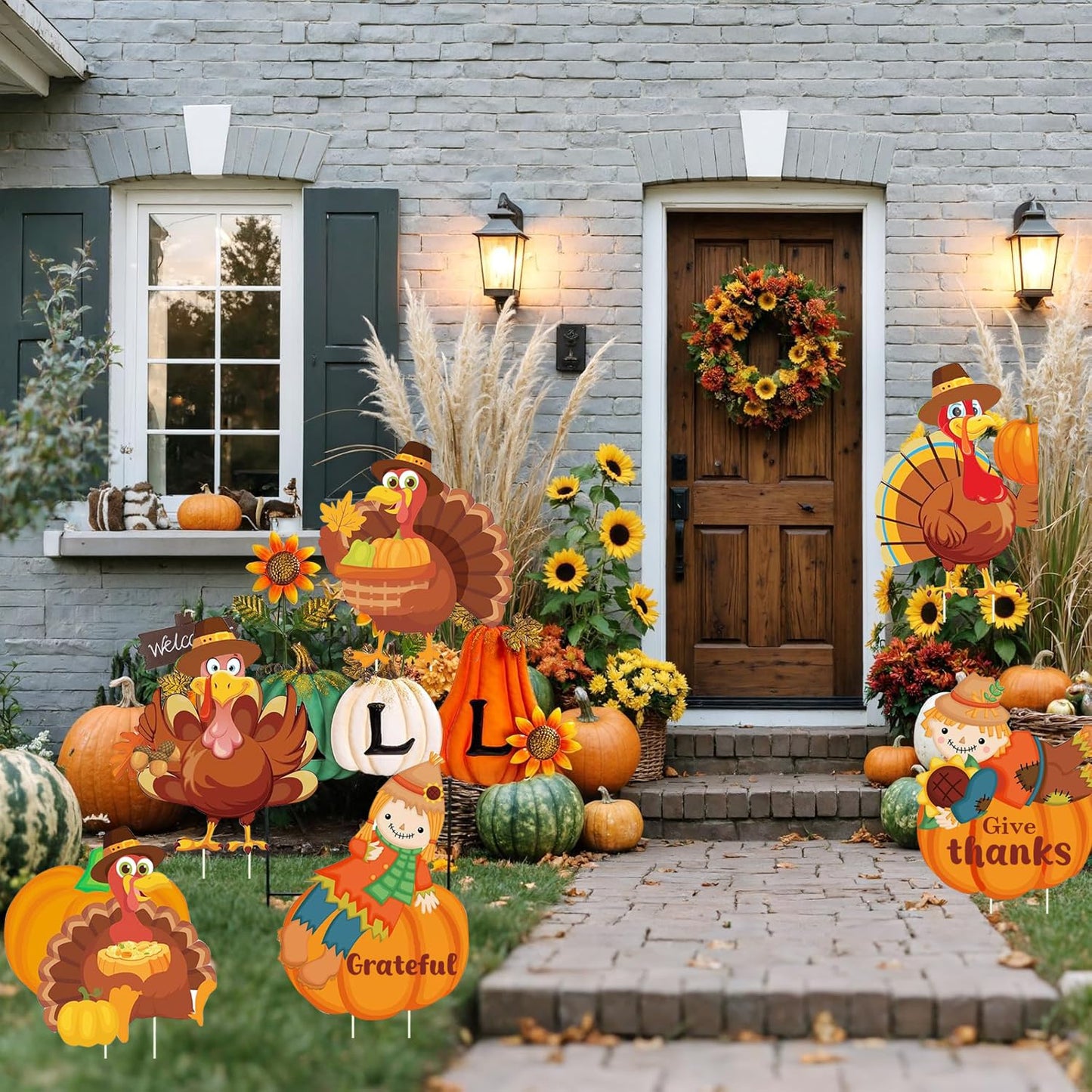 Thanksgiving Yard Sign with Stakes, Fall Scarecrow Pumpkin Turkey Outdoor Decorations Harvest Lawn Signs for Autumn Home Outside Decor