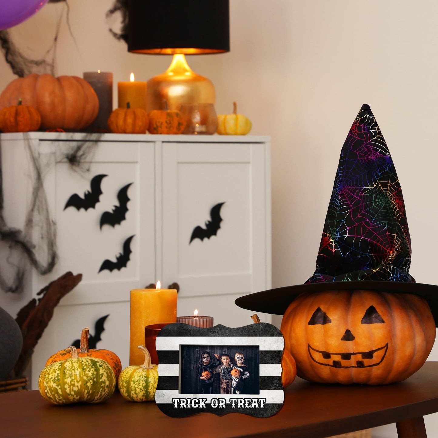 Halloween Photo Frame for 4'' x 6'' Pictures - Trick Or Treat Wooden Tabletop Picture Frame - Rustic Display Decor & Supplies for Home Desk Office Shelf Halloween Party - Favors For Friends Family-A12