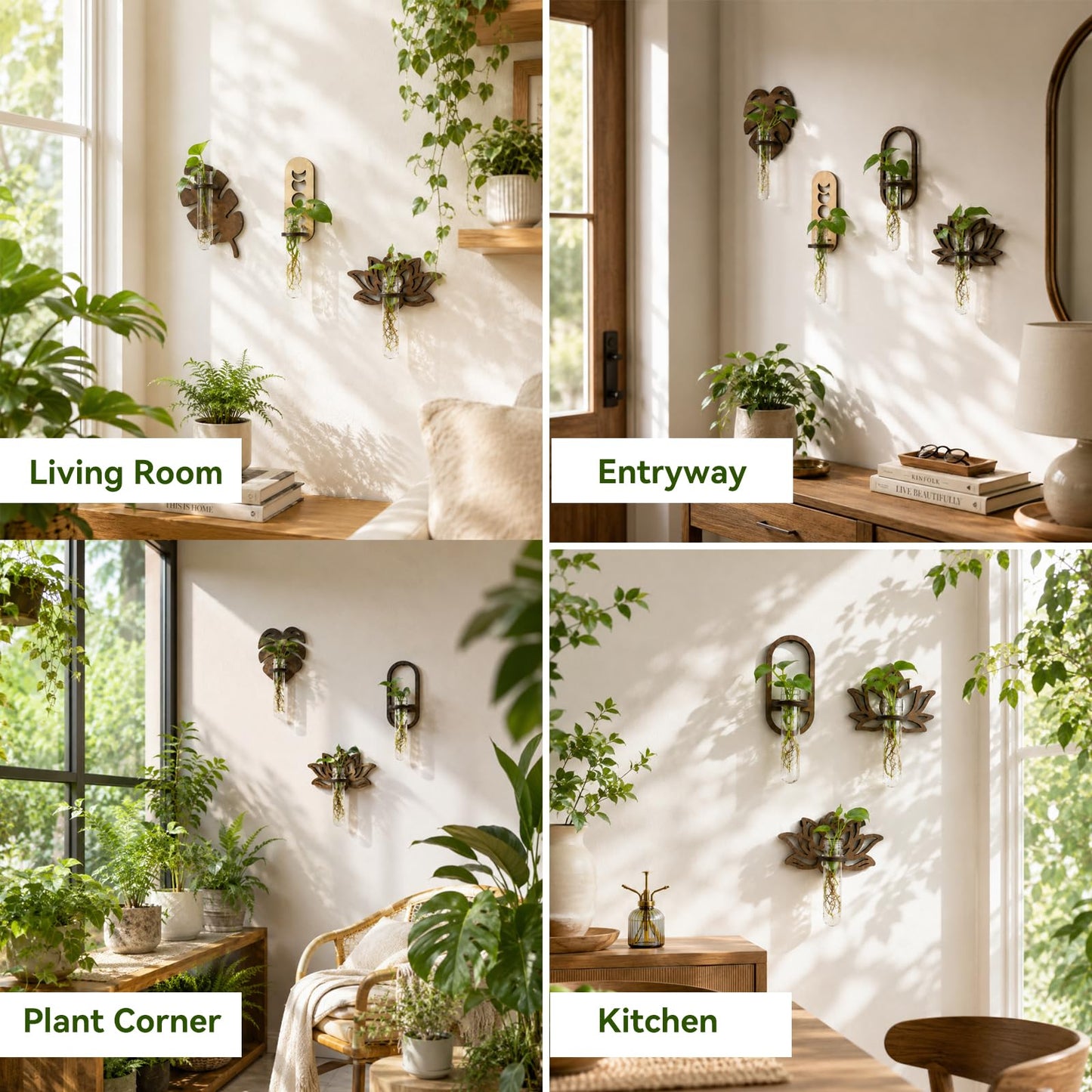 Artilady Plant Propagation Station 2 Pack Wall Hanging Plant Terrarium Holder with Test Tube Wood Window Planter Indoor Decor for Living Room Bedroom Kitchen (Moon Phase)