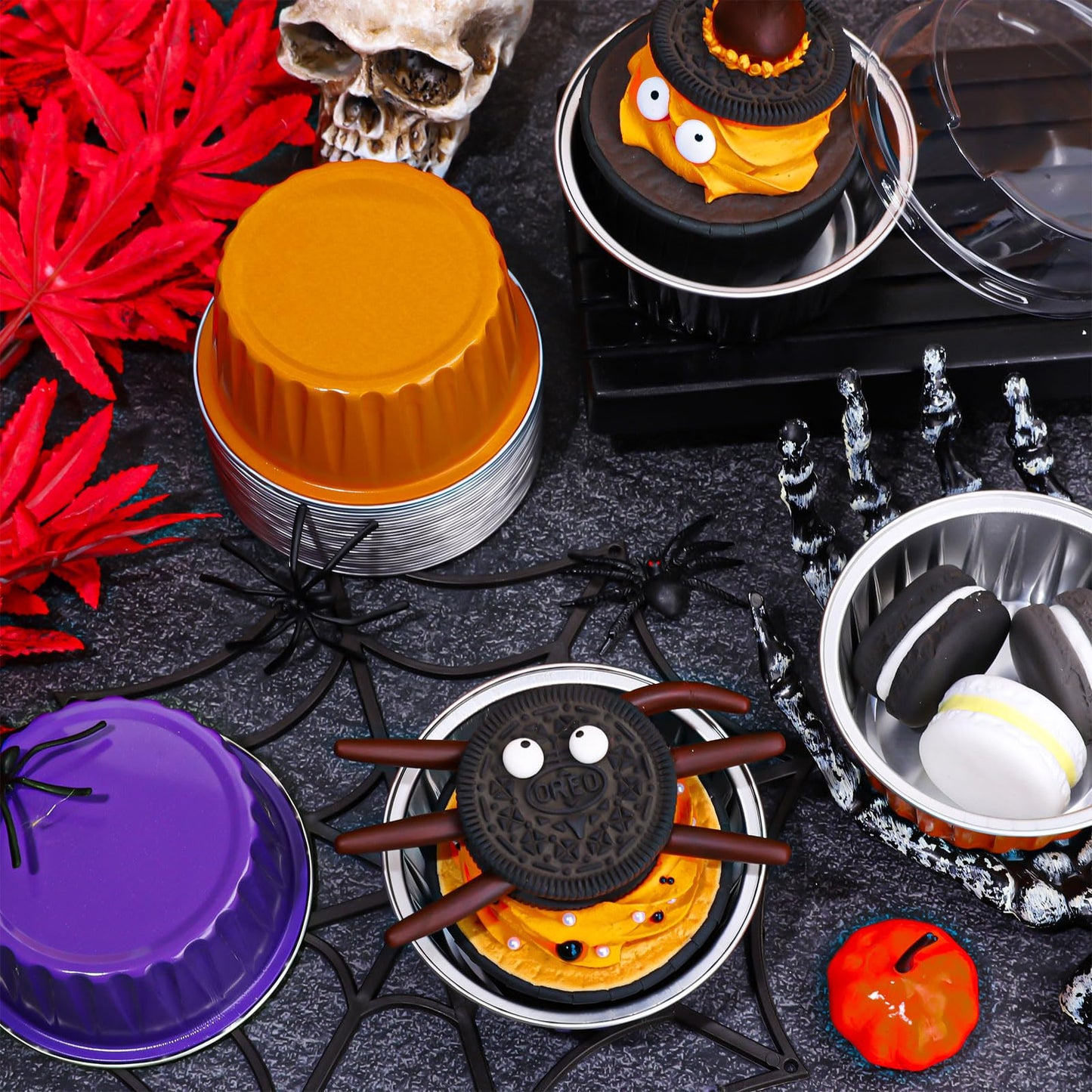 JarThenaAMCS 60Pcs Halloween Baking Cups with Lids Aluminum Foil Cupcake Holders Black Purple Orange Muffin Liners Wrappers Mini Cake Pans Ramekins Cups Dessert Containers for Party Supplies