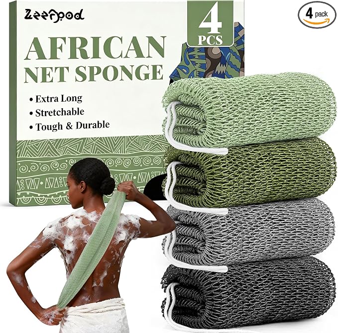 African Net Sponge Authentic-4 Packs African Exfoliating Net Sponge,Bath Sponges for Shower,42 inch Long for Normal to Sensitive Skin,Body Exfoliator Shower(Green,Olive Green,Light Gray,Black)