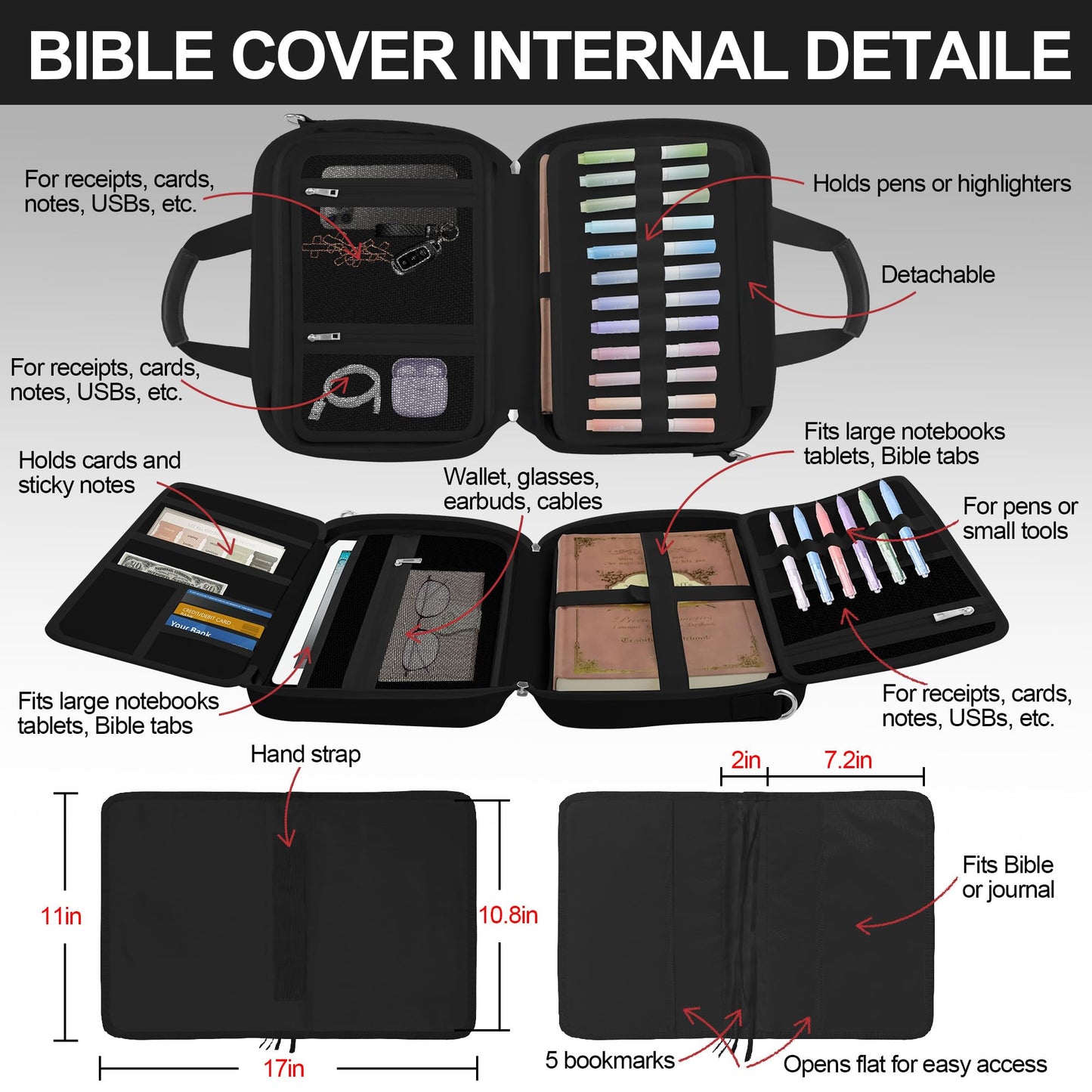 LAOTANGJIA Large Bible Cover Case for Mens Boys Women Organizer, Church Bag Book Carrying Case with Highlighters Shoulder Strap Pens Cross Clip Study Supplies Journaling Kit, Christian Gifts Black