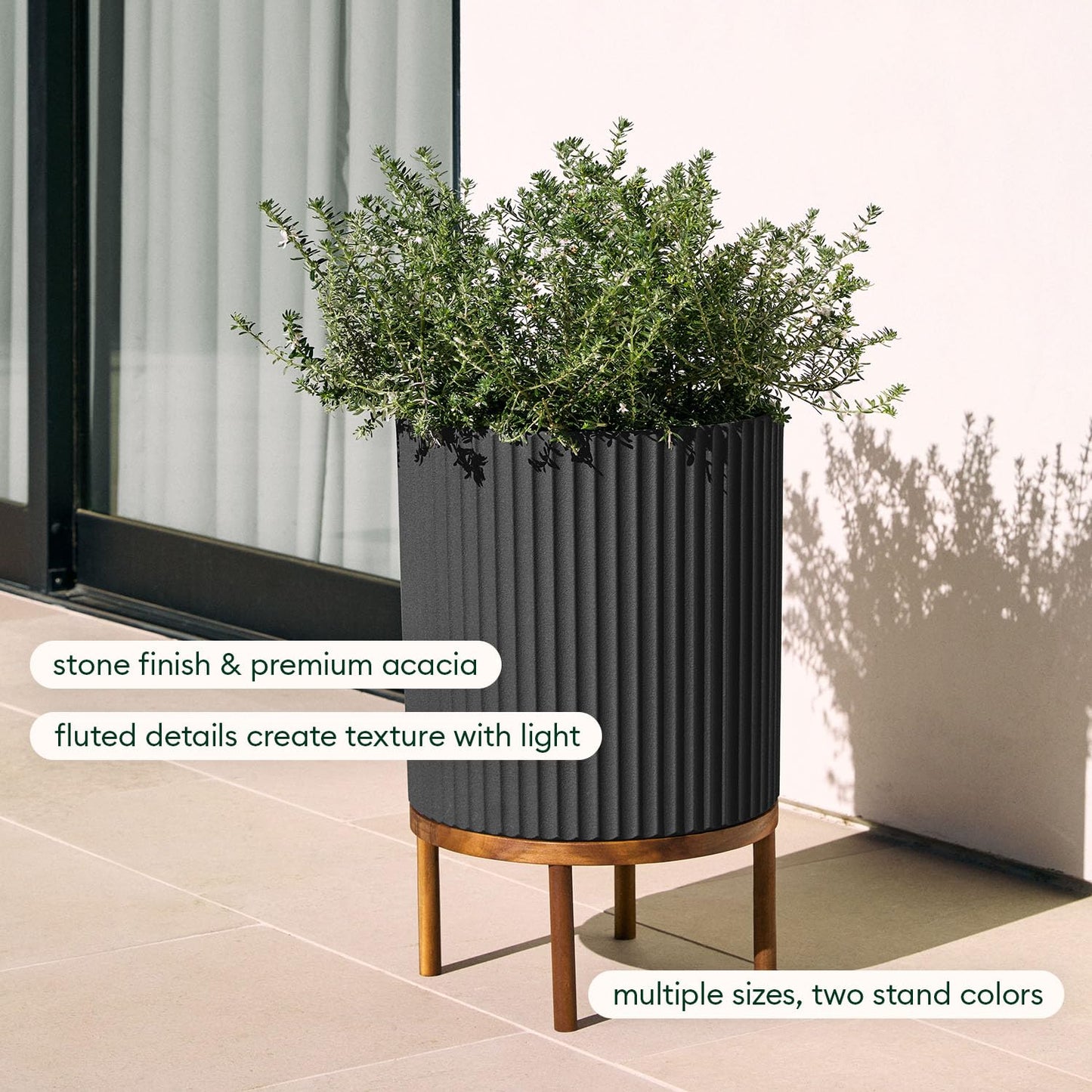 Veradek Demi Series Round Planter w/Stand for Porch/Patio | Durable Plastic-Stone Composite & Wooden Stand | Modern Décor for Tall Plants, Flowers